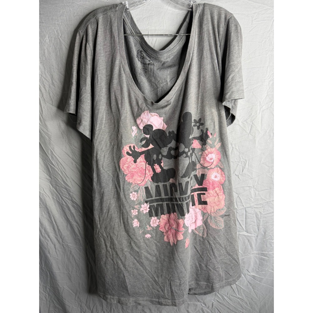 Disney Mickey and Minnie Mouse Floral Graphic Scoop Neck Tee Gray Small